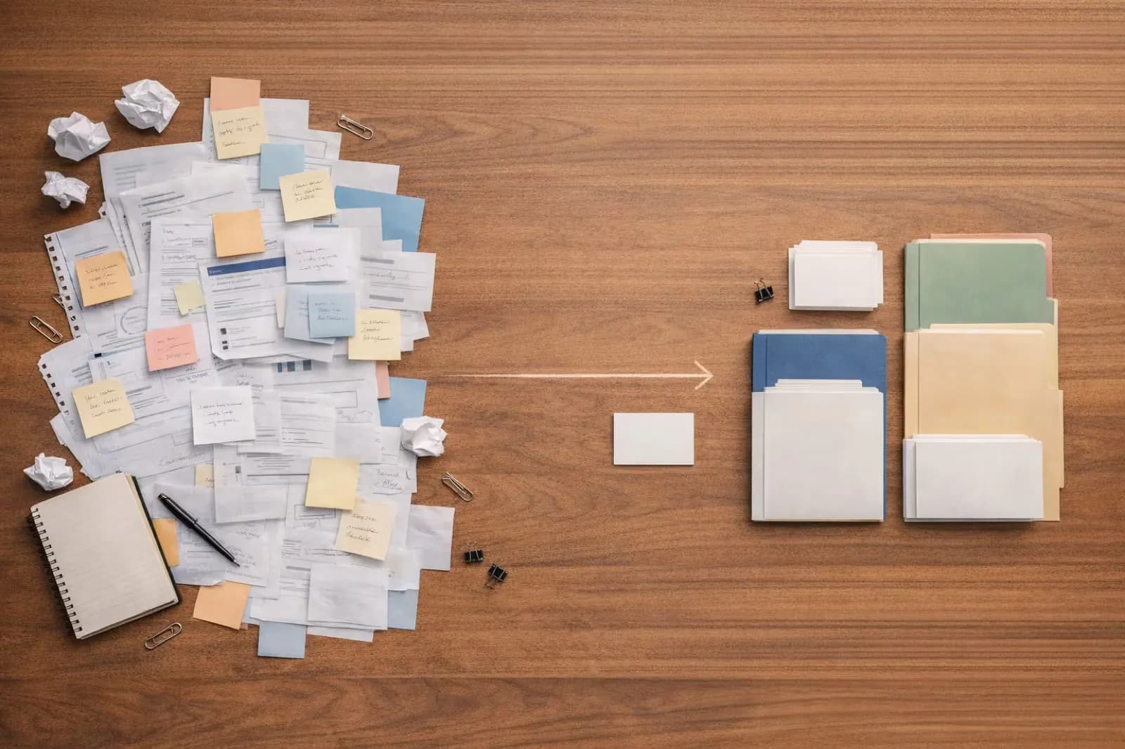 Overhead editorial image of scattered client materials being organized into a calmer workflow.