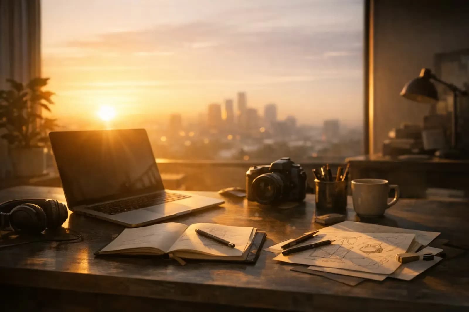 Sunrise over a freelancer's studio desk with tools for independent creative work.