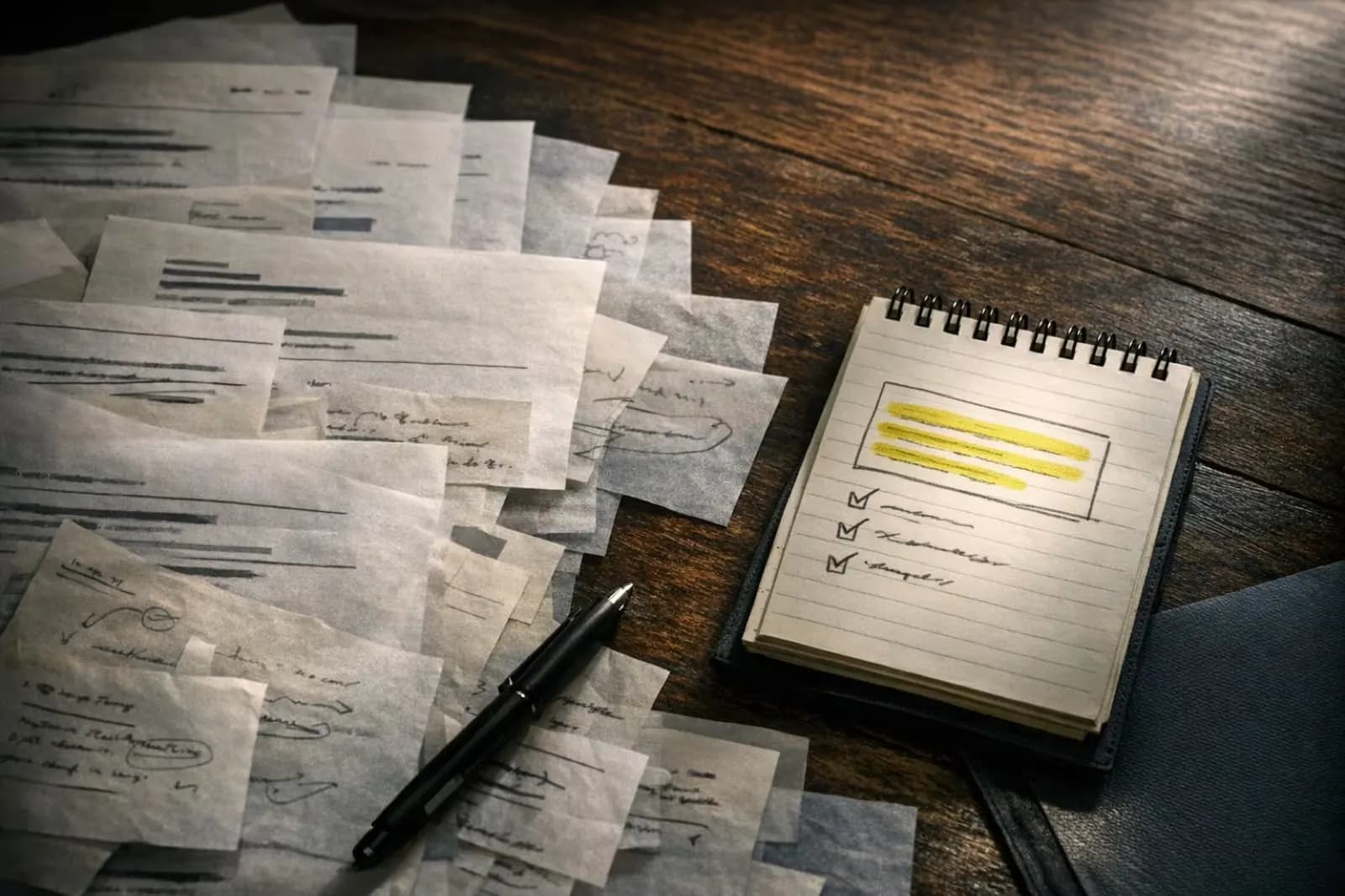 Moody close-up of layered client feedback notes being clarified into a smaller set of decisions.