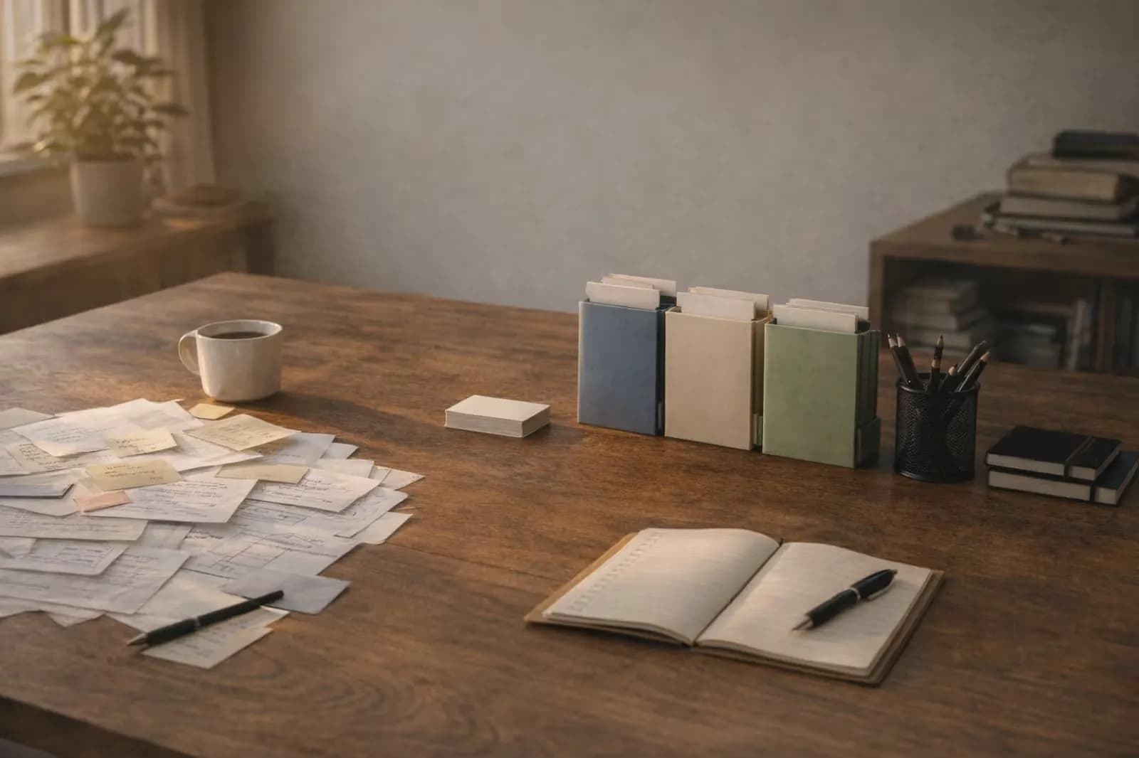 Calm freelancer workspace with organized materials and notes, suggesting steady client work.