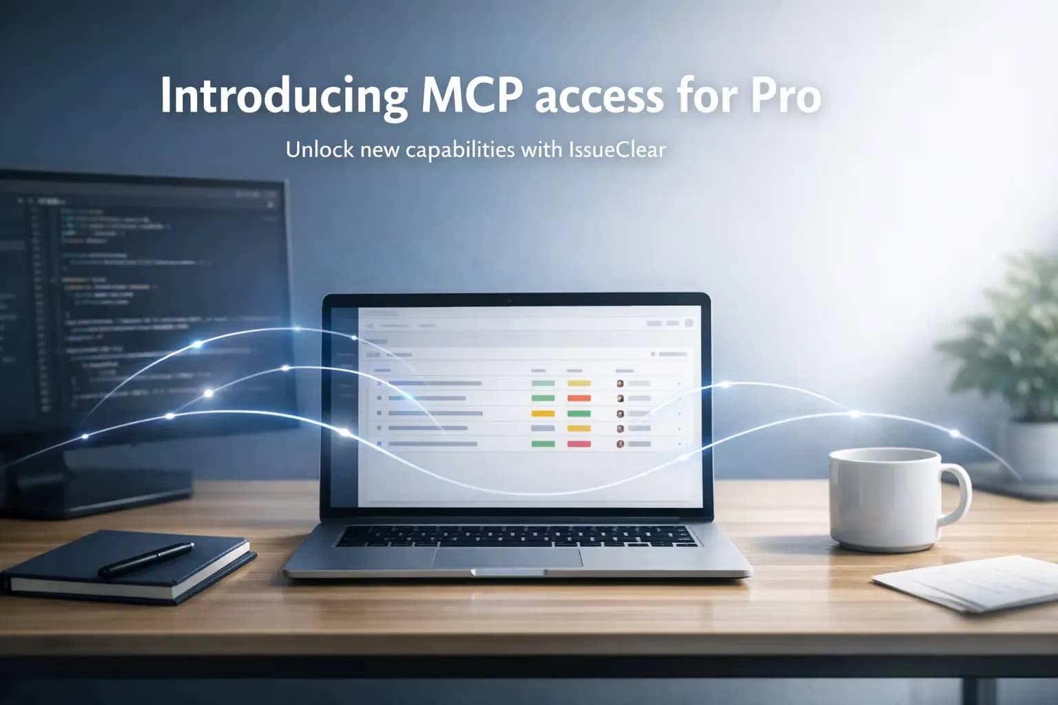 Editorial workspace scene showing IssueClear connected to AI tooling in a calm, premium setup.