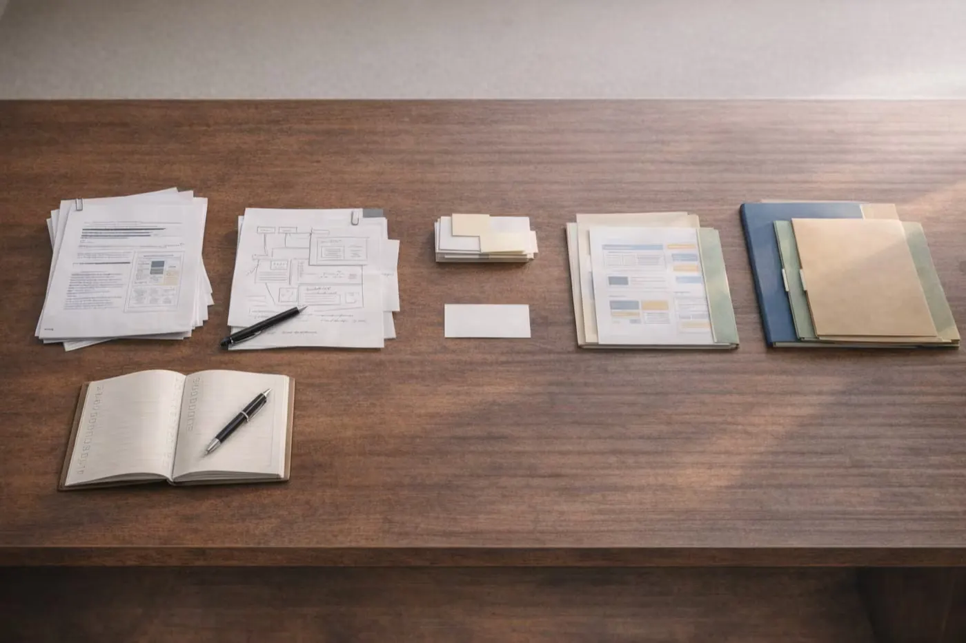 Multiple small project groups laid out as separate lanes on a single desk.