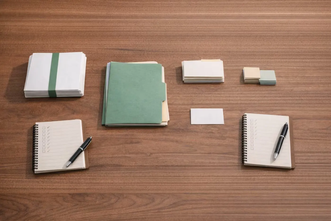Organized freelance work materials laid out with clear separation between active and finished work.