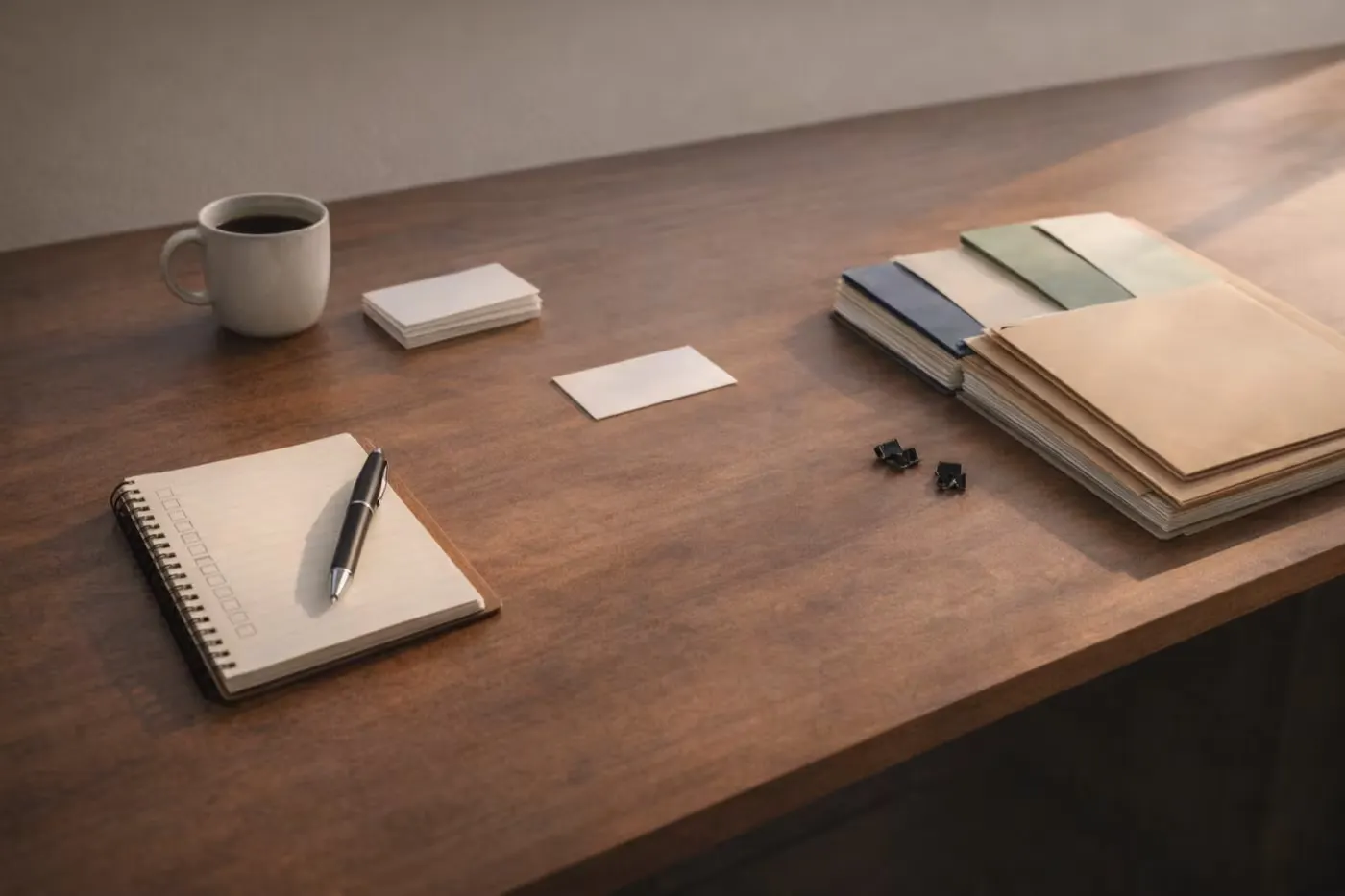 Minimal freelance workspace with a checklist, notes, and organized folders.