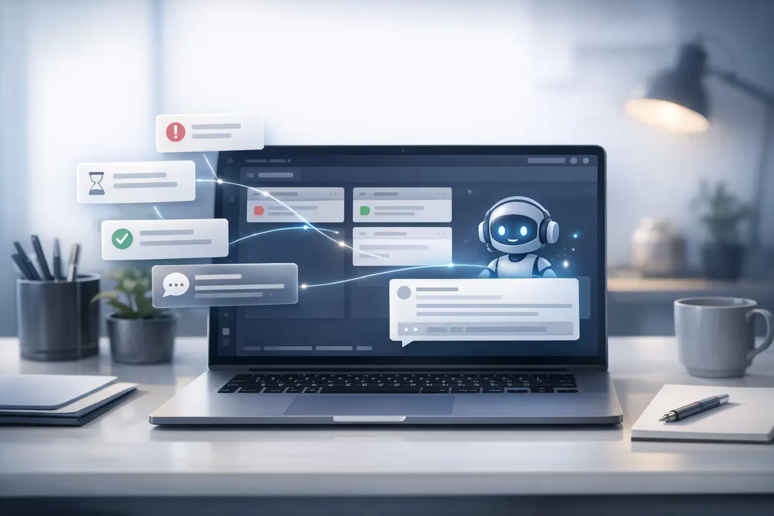 An AI-assisted project workflow moving issue coordination forward with subtle status and response changes.